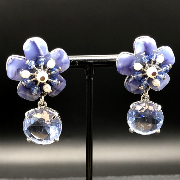 Flower Earrings Cornflower Blue Crystal Beads Faux Pearls Silver Tone Dangles - Picture 1 of 9